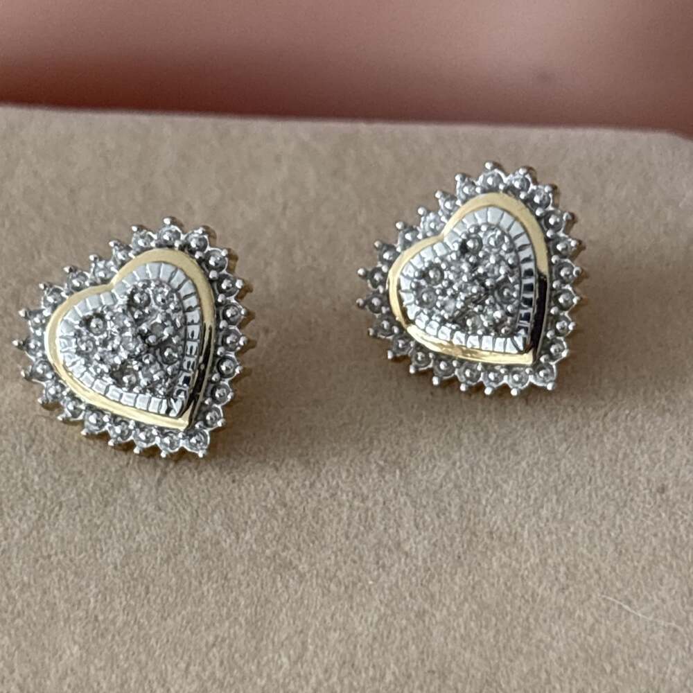 14ky Gold over Sterling Genuine Diamond Heart Stud Earrings Two-Tone Pierced